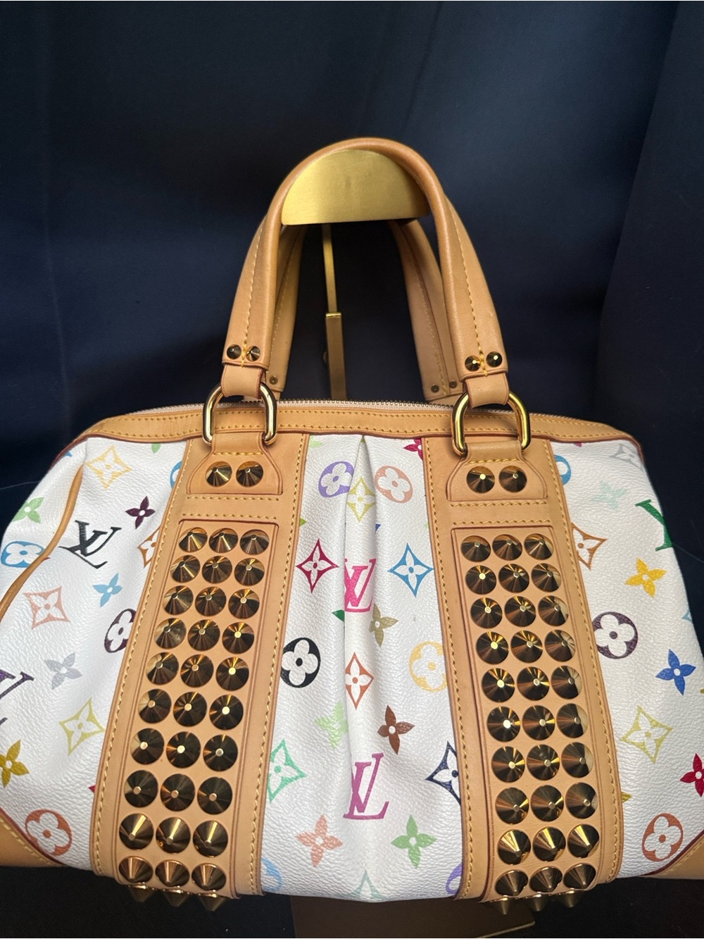 Louis Vuitton Courtney White Murakami Multicolor Monogram Satchel with Studs